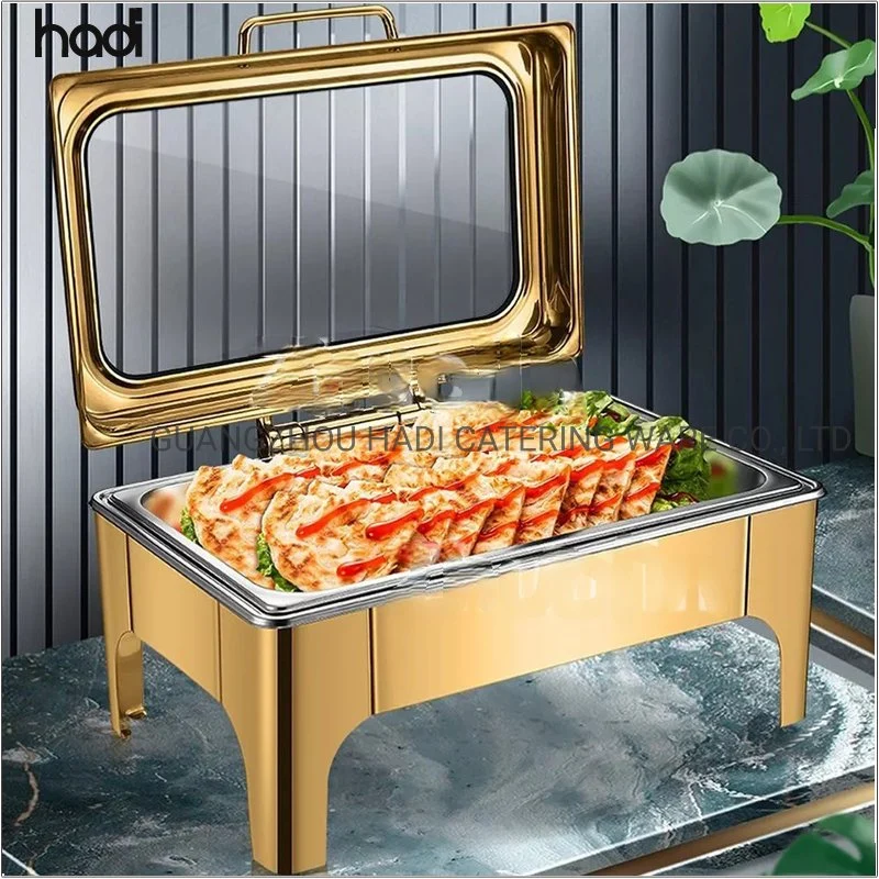 Hotel Buffet Equipment Home Royal Elegant Soft Closing Cover 8qt Round Golden Chef Buffet Catering Serving Dish Set Food Warmer Gold Chafing Dishes for Catering