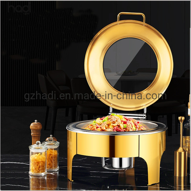 Hotel Buffet Equipment Home Royal Elegant Soft Closing Cover 8qt Round Golden Chef Buffet Catering Serving Dish Set Food Warmer Gold Chafing Dishes for Catering