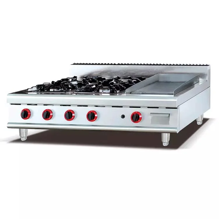 Commercial Gas Range with 4-Burner Lava Rock Grill Oven